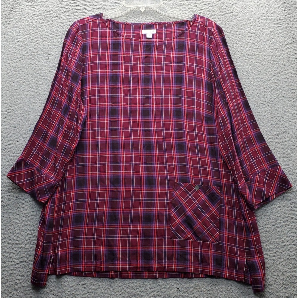 J. Jill Tunic Top Womens Large Multi Plaid Boat Neck High Low Slit Pleated Back